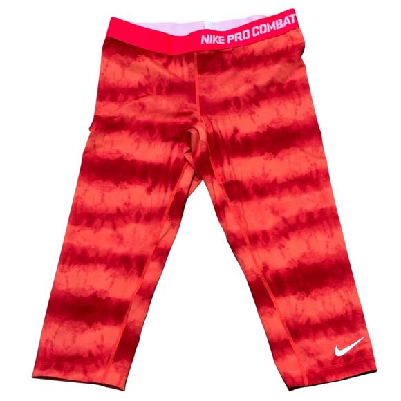 Nike Pro Combat Compression Pants Women's Large Orange Tie Dye Look Cropped - Picture 1 of 4